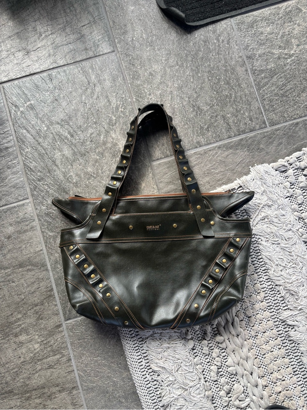 Matt & Nat Dark Green Leather Studded Tote with Brass Accents